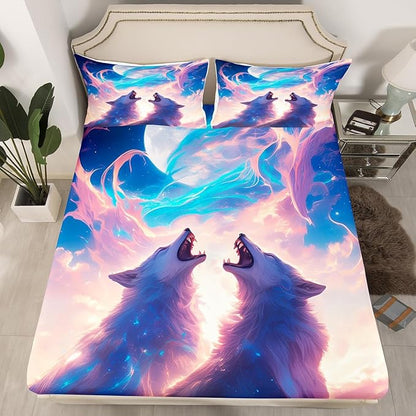 Wild Wolf Kids Fitted Sheet Full Size,Cloud Sky Dreamy Bedding Set,Boys Girls Room Decor,Hunting Animal Adventure Rustic Farmhouse Bed Cover,Blue White Bed Sheet,2 Pillowcases