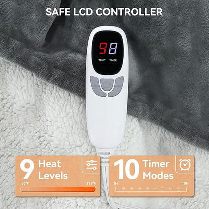 Heated Blanket Throw Electric Blanket 50''x60'' Heating Blanket with 9 Heating Levels 10 Timer Modes Auto-Off Fast Heating Overheat Protection ETL Certified Machine Washable Gift