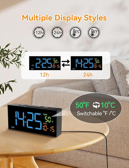 Netzu Alarm Clocks for Bedrooms, Digital Clock with Date Temperature and Weekday, Manual DST, Snooze, 2 Alarms, 4 Volumes for Living Room Home Bedside Desk (Black and Blue)