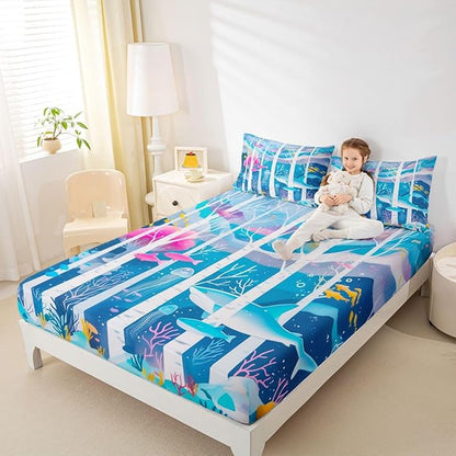 Ocean Kids Full Size Fitted Sheet,Seaweed Underwater World Boys Girls Bed Sheets,Sealife Shark Nautical Room Decor,Blue Bedding Set,2 Pillowcases(No Flat)