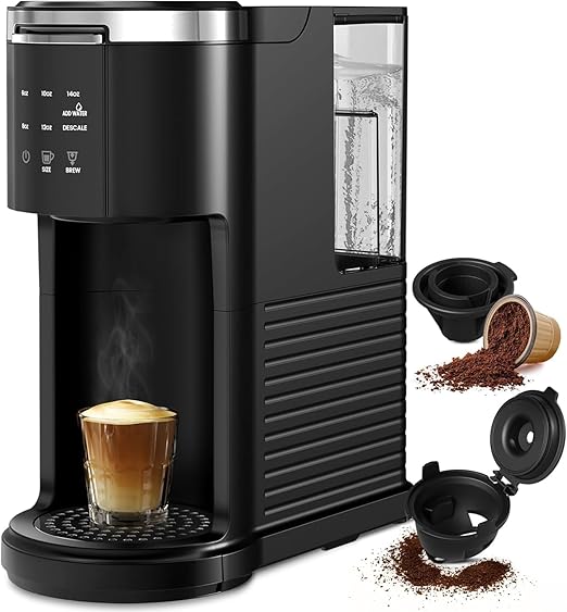 Single Serve Coffee Maker, 2 in 1 Coffee Machine for K-Cup & Ground Coffee, 6 to 14oz Brew Sizes, Pod Coffee Makers with 40oz Removable Water Reservoir, LCD Screen, Self-cleaning, Black