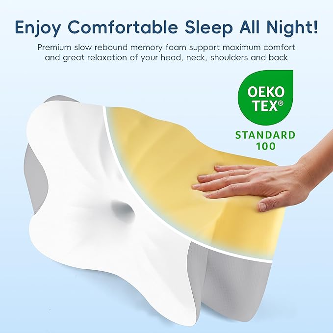 Cervical Pillow for Neck and Shoulder Support, Ergonomic Contour Pillow for Pain Relief, 2 Heights Cooling Memory Foam Orthopedic Pillow for Side Back Stomach Sleepers White Grey