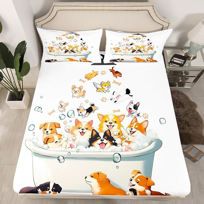 Bathing Puppy Fitted Sheet Full Size,Cute Animals Watercolor Corgi Dog Bedding All-Round Elastic Pocket,Kawaii Dog 3D Bathtub Bed Sheet 3 Pieces Fits Mattress(No Flat Sheet)