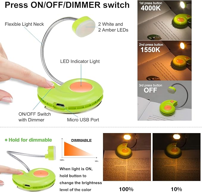 LUXSWAY Rechargeable Amber Clip-On Book Light with Magnetic, Flexible Gooseneck - Cute Bookmark Light for Kids - Green