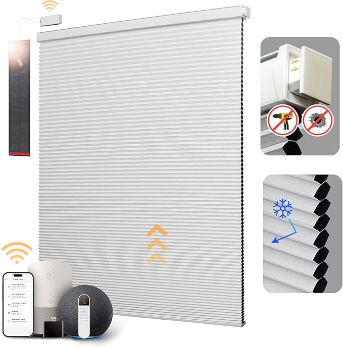 CINONEKO Motorized Cellular Shades, Smart Blackout Honeycomb Blinds with Remote, No Drill Electric Blind with Solar Panel, Alexa & Google, Cordless Automatic Shade for Indoor Windows, White 34x64