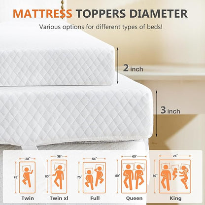 Sweetcrispy Memory Foam Mattress Topper Queen with Removable Soft Cover, 2 Inch Thick Gel Infused Cooling Toppers Pad for Queen Size Bed, Sleeper Sofa, RV, Camper, CertiPUR US Certified, Ventilated