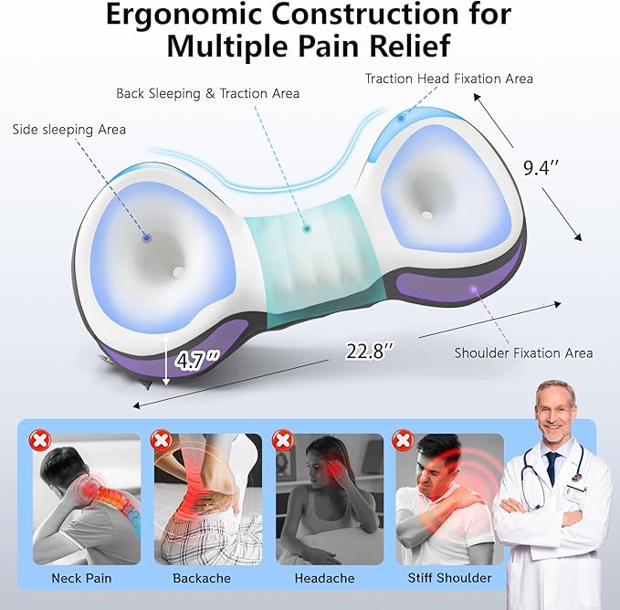 Cervical Neck Roll Pillow, Say Goodbye to Neck Pain, Travel Neck Support Pillow for Side Sleepers, Ergonomic Memory Foam Camping Pillow, Cervical Traction Device with Storage Bag