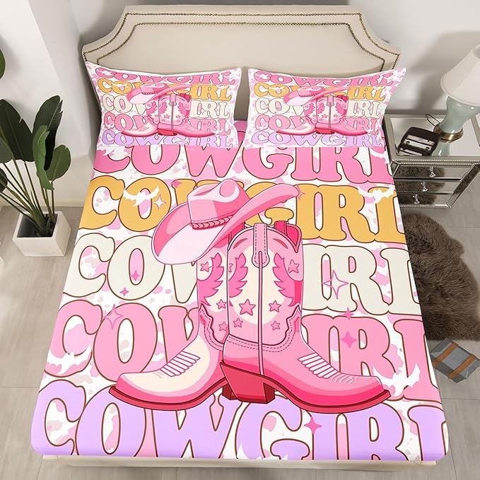Cowgirl Boots Fitted Sheet Western Ethnic Tribal Cowgirl Hat Bed Sheet Set for Kids Children Teens Rustic Pink Cowhide Retro Cow Fur Print Bed Cover Toddler Bedroom Decor,Twin Size