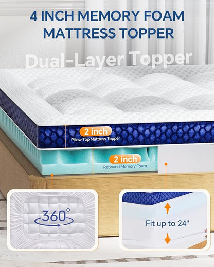 BEDELITE Twin Mattress Topper Dual Layer 4 Inch Memory Foam Mattress Topper, 2 Inch Pilow Top Mattress Pad and 2 Inch Premium Gel Foam Mattress, with Stretchable Pockets Up to 6"-24"
