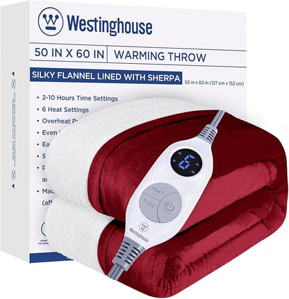 Westinghouse Heated Throw Blanket, Electric Blanket Throw with 6 Heating Levels and 2-10 Hours Time Settings, Flannel to Sherpa Super Cozy Heated Blanket Machine Washable, 50x60 inch, Red