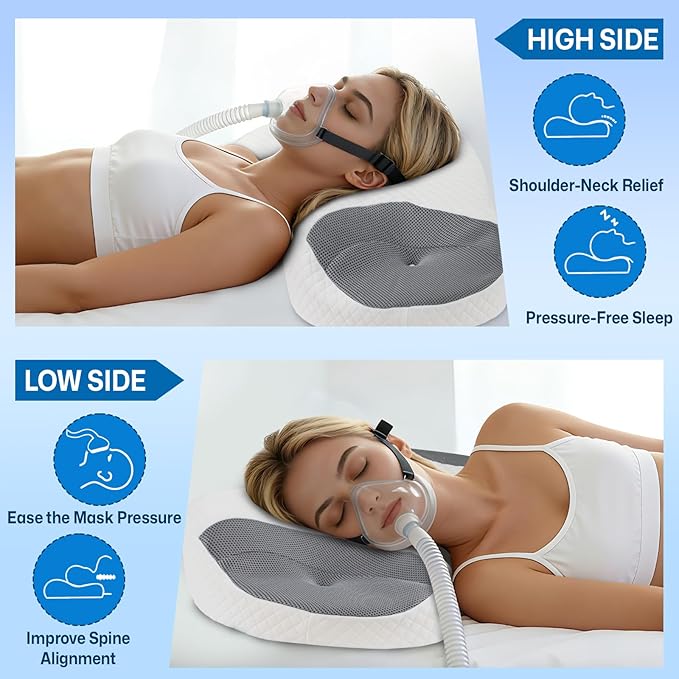 CPAP Pillow for Side & Back Sleepers - Mask Compatible Contour Design to Reduce Leaks, Breathable Memory Foam Pillow with Ergonomic Support & Hose-Friendly Cutouts for Comfortable Sleep, Grey