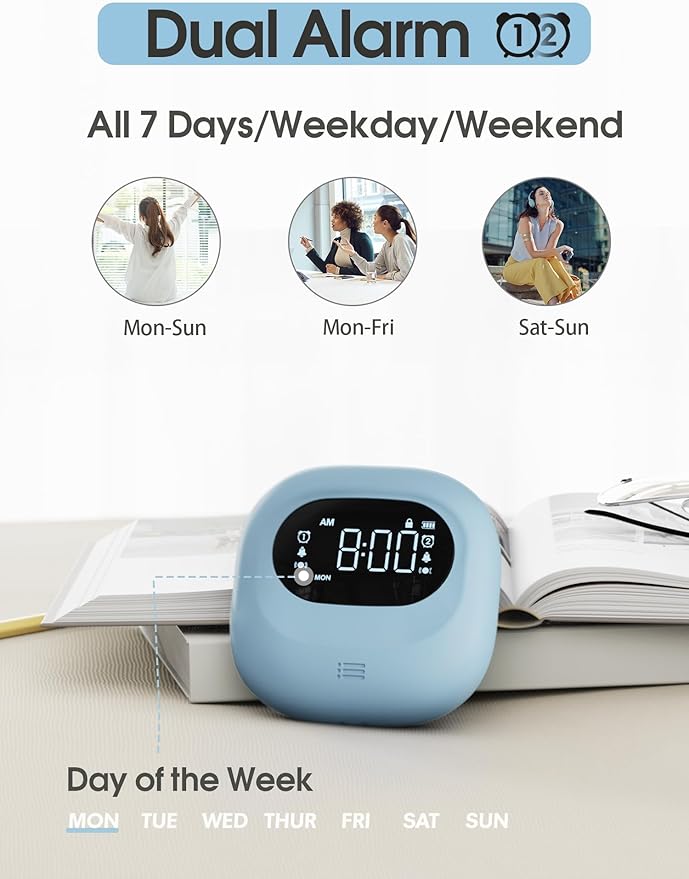 Roxicosly Super Strong Vibrating Alarm Clock for Heavy Sleepers, Small Travel Bed Shaker Clock Under Pillow for Kids Teens Hearing Impaired Deaf, Adjustable Vibration, Cordless, USB Rechargeable