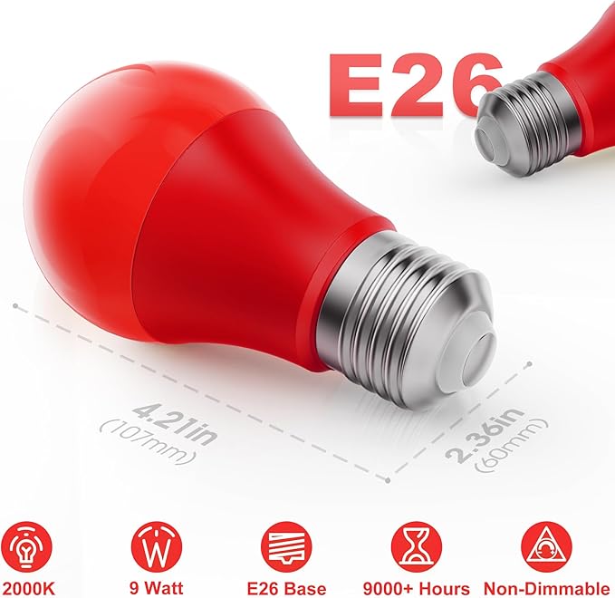 Briignite [2 Pack A19 LED Red Light Bulbs Indoor/Outdoor, Christmas Light Bulbs 9W (60W Equivalent) E26 Base 720LM Porch Light Bulb, LED Light Bulb for Halloween Christmas Decor