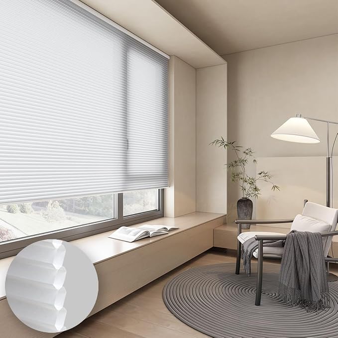 Cellular Shades Light Filtering Honeycomb Blinds for Indoor Windows, Cordless Cellular Shades 1.5 inch Cell Pleated for Bedroom Home Office, Custom Size, Half Shading White
