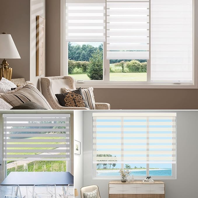 Changshade Custom Size Zebra Blinds Cordless for Indoor Windows Doors Light Filtering, Zebra Roller Shades with Valance Dual Layer Fabric for Living Room, Bedroom, Bathroom, Easy to Install, White