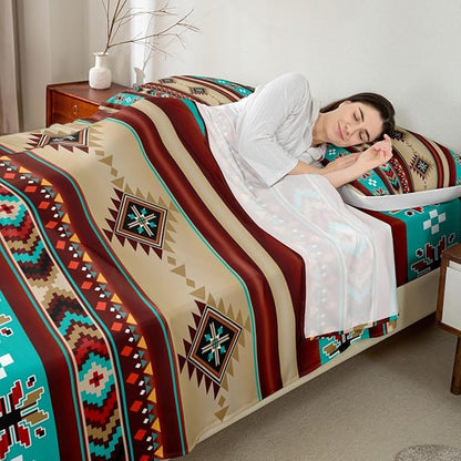 Manfei Aztec Geometric Bed Sheets Full Size,Southwest Tribal Ethnic Boho Easy Wash Bedding Set,Rustic Farmhouse Bohemian Boys Girls Room Decor,Teal Red Brown Sheet(Fitted+Flat+2 Pillowcases)