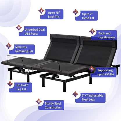 MUUEGM Split King Adjustable Bed Frame with Thickened Frame, Head and Foot Lift, Head-Pillow-Tilt, Adjustable Beds with Smart APP Control, Massage, Zero Gravity, Anti-Snore, Wireless Remote,USB Ports
