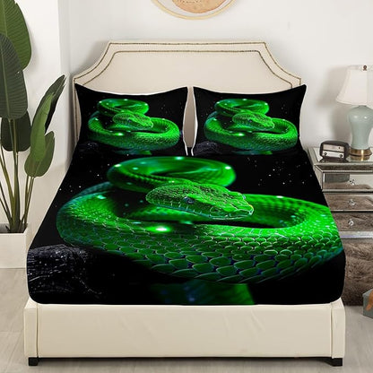 Manfei 3D Snake Kids Sheet Full Size,Exotic Reptile Animal Bedding Set,Boys Men Room Decor,Green Snake Jungle Wildlife Rustic Nature Green Black Bed Sheet Set 4pcs(Fitted + Flat + 2 Pillowcases)