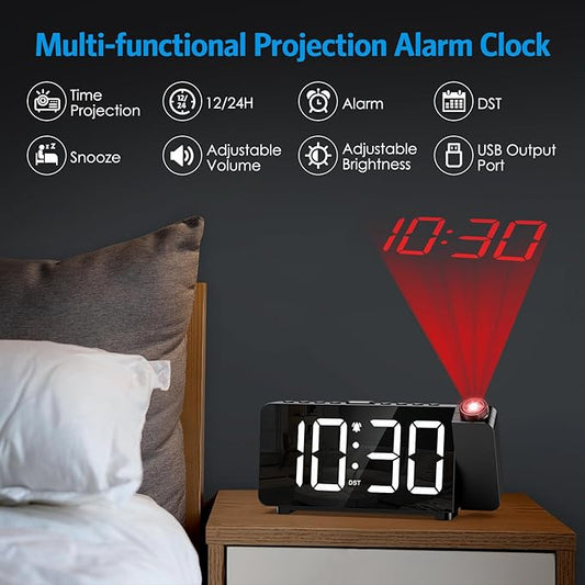 Digital Projection Alarm Clock for Bedroom Ceiling-Alarm Clocks with 180°Projector, 5 Level Brightness, DST, Snooze, Night Mode, Loud Alarms for Kids,Heavy Sleepers, 12/24H, for Bedroom