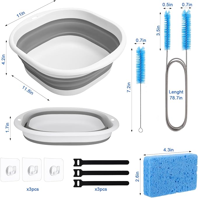 XANGNIER Cleaning Brush Kit for CPAP Mask,Standard 15mm-22mm Hose,Tube,Water Chamber,6.5 Ft Thick Hose Brush and Foldable Wash Basin for CPAP Machine Equipment Accessories Cleaner Supplies