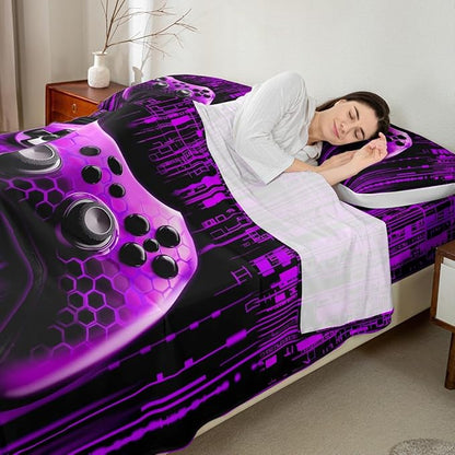 3D Games Gamepad Kids Sheet Queen Size,Modern Videogaming Gamer Controller Bedding Set,Boys Girls Room Decor,Geometric Neon Lights Fashion Purple Bed Sheet Set 4pcs(Fitted + Flat + 2 Pillowcases)