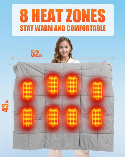 Kids Heated Blanket Battery Operated - Boys and Girls 7.4V DC Portable Cordless USB Heating Blanket for Outdoors (Grey)