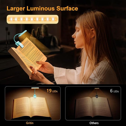 Gritin 19 LED Rechargeable Book Light for Reading in Bed with Memory Function- Eye Caring 3 Color Temperatures,Stepless Dimming Brightness,90 Hrs Runtime Clip on Light for Book Lovers-Blue
