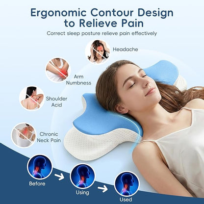 Cervical Neck Pillow for Pain Relief, Ergonomic Contour Pillow for Sleeping, 2 Heights Cooling Pillow for Neck and Shoulder Support, Memory Foam Orthopedic Pillow for Side Back Stomach Sleepers Blue