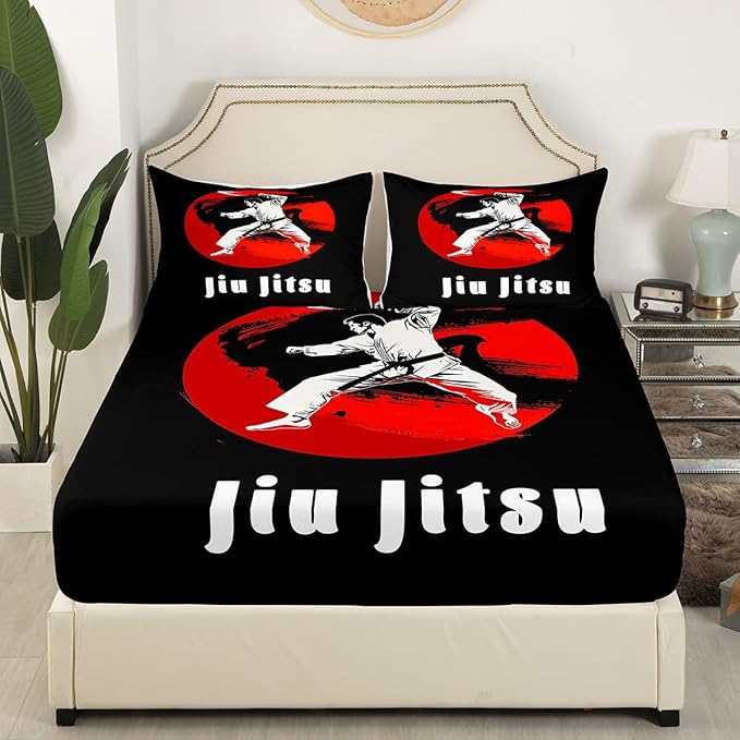 Manfei Jiujitsu Fitted Sheet Queen Size, Japanese Style Sports Bedding Set 3pcs, Judo Sports Theme Bed Cover with 2 Pillowcases, Kids Boys Teens Adults Room Decor, Soft Bedding(No Top Sheet)