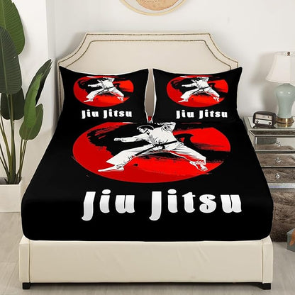 Manfei Jiujitsu Fitted Sheet Twin Size, Japanese Style Sports Bedding Set 2pcs, Judo Sports Theme Bed Cover with 1 Pillowcase, Kids Boys Teens Adults Room Decor, Soft Bedding(No Top Sheet)