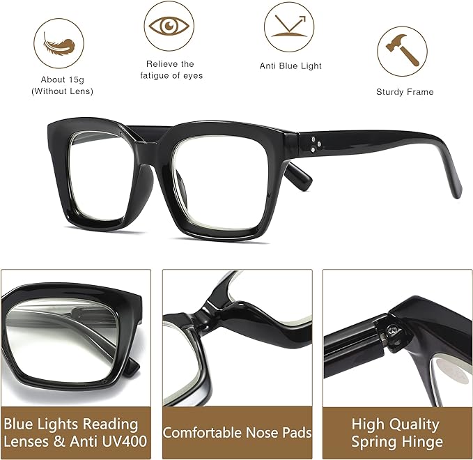 Readers for Women Oprah Style Square Reading Glasses with Spring Hinge Blue Light Blocking for Men Ladies