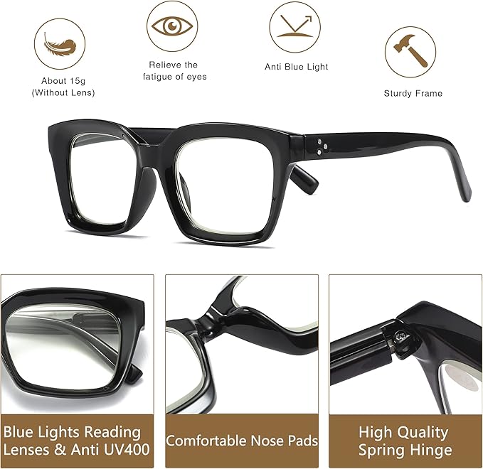 Readers for Women Oprah Style Square Reading Glasses with Spring Hinge Blue Light Blocking for Men Ladies