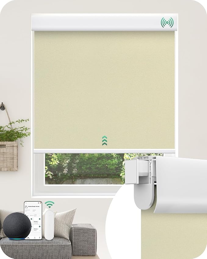 Allesin No Drill Motorized Blinds with Remote | Rechargeable Smart Blackout Roller Shades, Cordless Electric Window Blinds for Bedroom, Living Room, Home Office, Beige 22x72 Inches