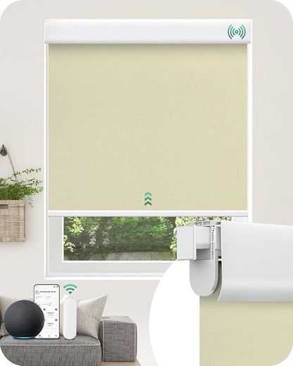 Allesin No Drill Motorized Blinds with Remote | Rechargeable Smart Blackout Roller Shades, Cordless Electric Window Blinds for Bedroom, Living Room, Home Office, Beige 32x72 Inches