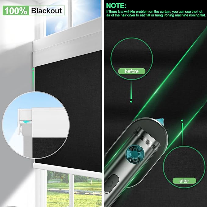 Motorized Blinds with Remote Control, Blackout Roller Shades, Custom Smart Blinds with Valance, Cordless Electric Window Blinds & Automatic Shades (Black,27" Wx72 H)