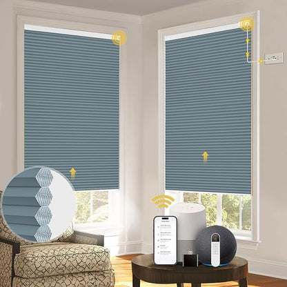 CINONEKO Custom Size(21-69"W x 22-93"H) Motorized Cellular Shades,No Drill Smart Honeycomb Blinds【Free Solar Powered】Automatic Blinds for Indoor Windows Cordless Electric Shades Compatible with Alexa
