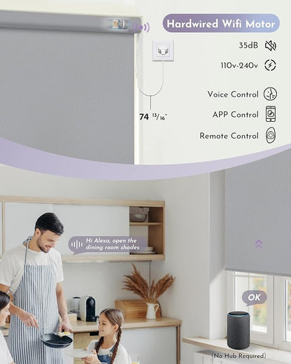 Graywind Motorized Roller Shade 100% Blackout Compatible with Alexa Google Waterproof Vinyl Fabric Remote Control Hardwired Window Shades Window Blinds, Customized Size (Light Grey)