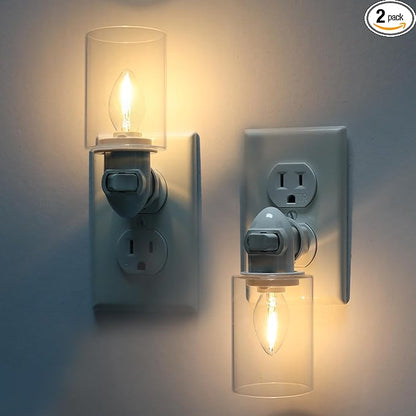 Modern Plug in Night Light with On Off Switch, 2-Pack 0.5W LED Night Lights Plug into Wall Socket, Warm Baby Nursery Nightlight with Clear Glass Lamp Shade for Adult Kids Room Bathroom Hallway