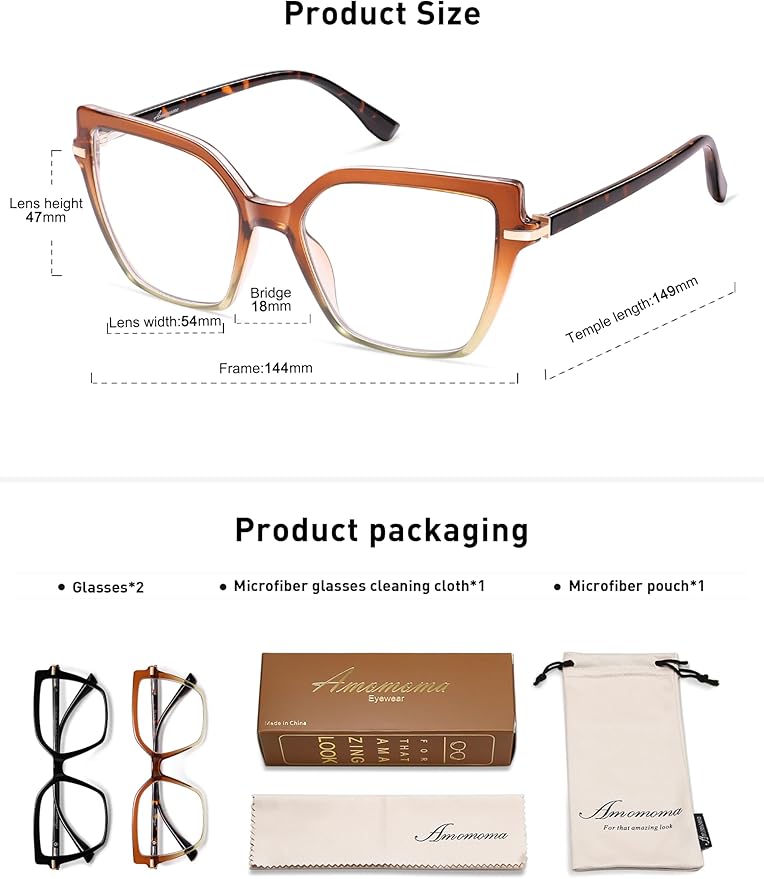 AMOMOMA Trendy Square Blue Light Blocking Reading Glasses for Women Women's Readers Spring Hinge AM6082