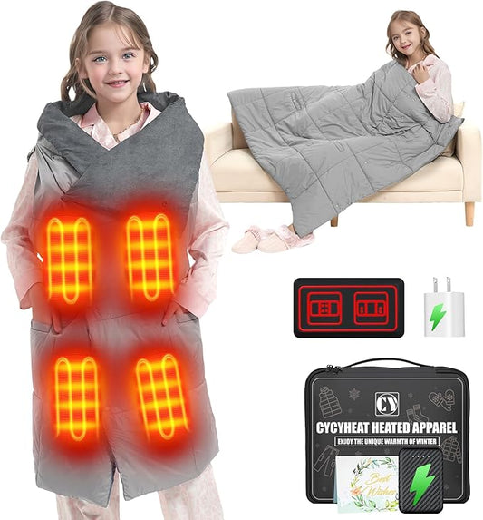 Kids Heated Blanket Battery Operated - Boys and Girls 7.4V DC Portable Cordless USB Heating Blanket for Outdoors (Grey)