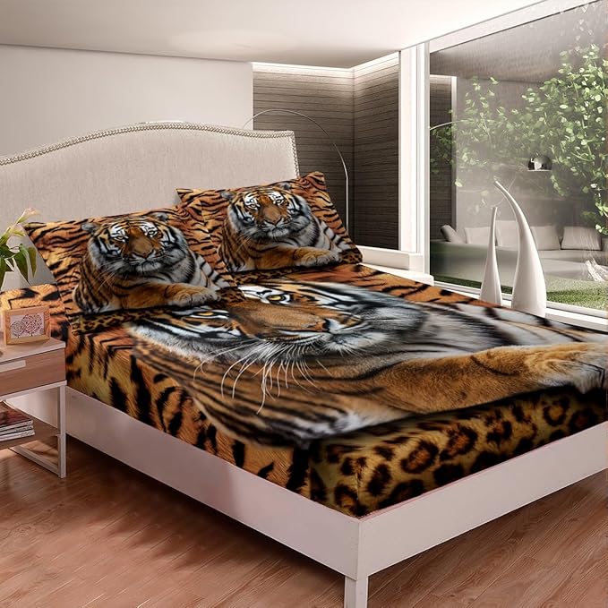 Manfei Tiger 3D Print Sheet Set Twin Wild Animals Bedding for Kids Teens Room Decor,Animal Fur Soft Bed Sheet Set 3pcs with Deep Pocket Fitted Sheet + Flat Sheet + 1 Pillowcase