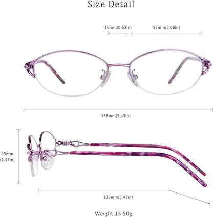 LifeArt Alloy Semi-Rimless Reading Glasses,Blue Light Blocking Glasses, Anti Eyestrain, Computer Gaming Glasses, TV Glasses for Women Men, Anti Glare (Purple, +1.50 Magnification)