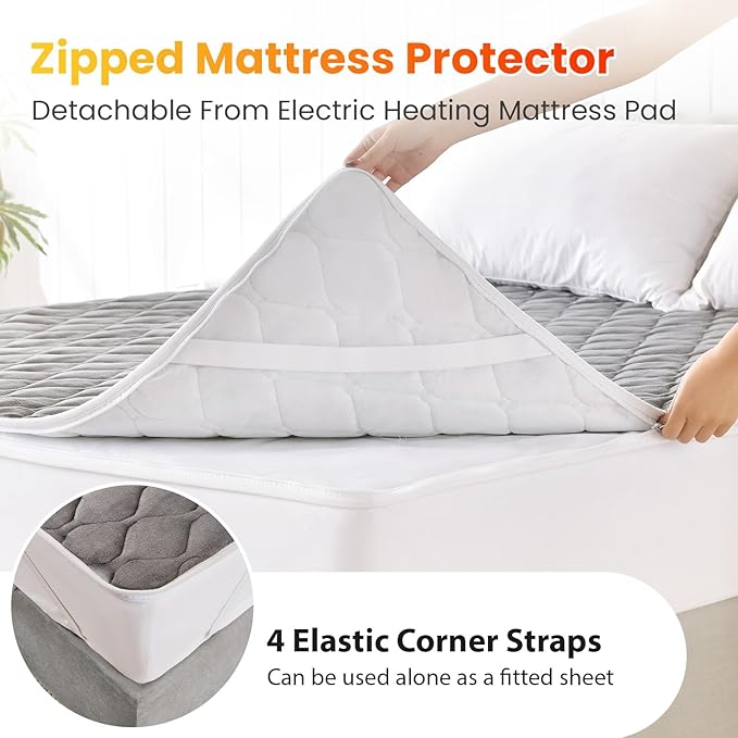 WOOMER Heated Mattress Pad Queen Dual Control - 60"x80" Electric Mattress Pad, 1-10 Heat Settings, 0.5-12H Auto Shut-Off, Removable Velvet Cover, 18" Deep Pocket, ETL Certified, Grey