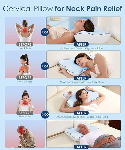 Cervical Pillow for Neck and Shoulder, Ergonomic Side Sleeper Pillow for Pain Relief, Cooling Memory Foam Pillows for Sleeping, Contour Pillow Orthopedic Bed Pillow for Back Stomach Sleepers (Blue)