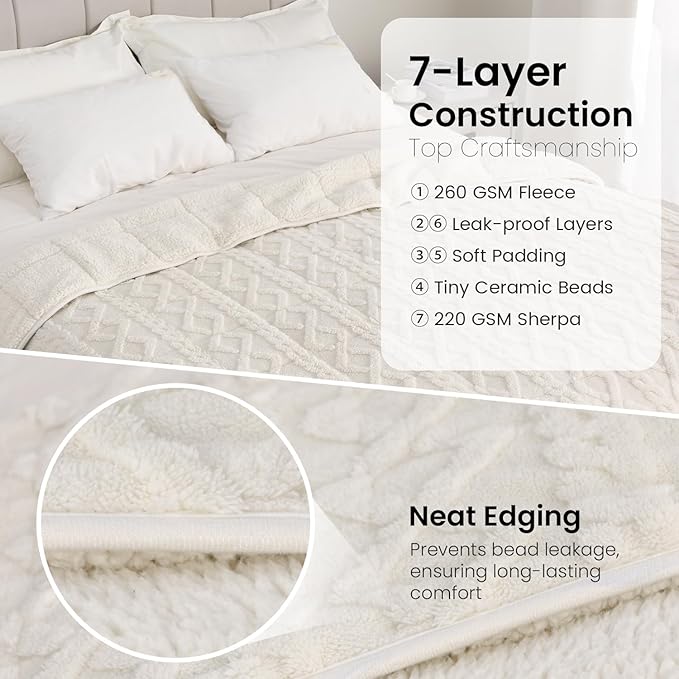 Drewin Weighted Blanket for Adults Queen Size 15 lbs, Soft Fuzzy Jacquard Sherpa Weighted Blankets for Sleeping, Cozy Sofa Bed Blanket for Winter, Cream White, 80 x 87 inches
