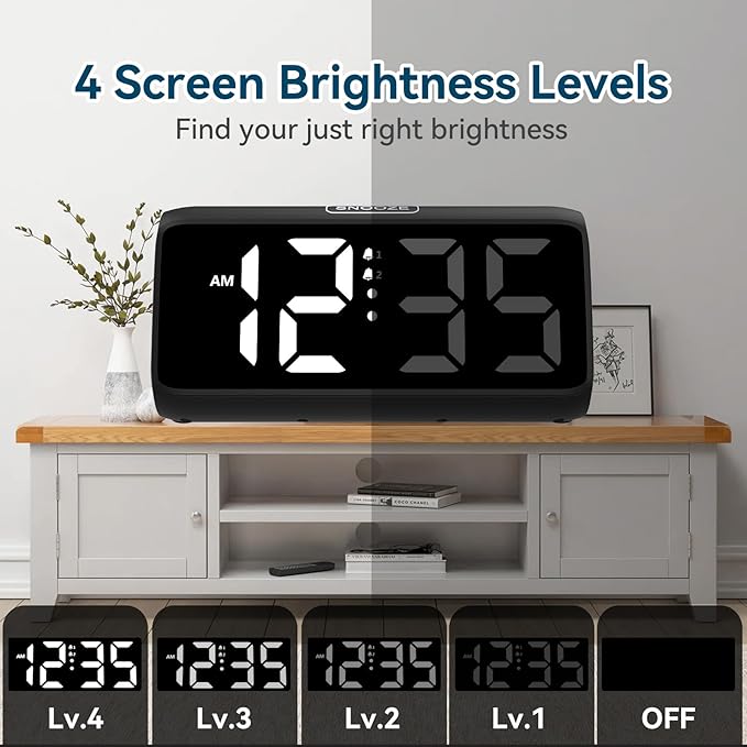 Netzu Loud Alarm Clock for Heavy Sleepers, Plug-in Alarm Clocks with Bed Shaker, 5 Dimmers, 2 Alarms, 4 Volumes and Snooze for Bedrooms Hearing Impaired Deaf Adult (Black and White)