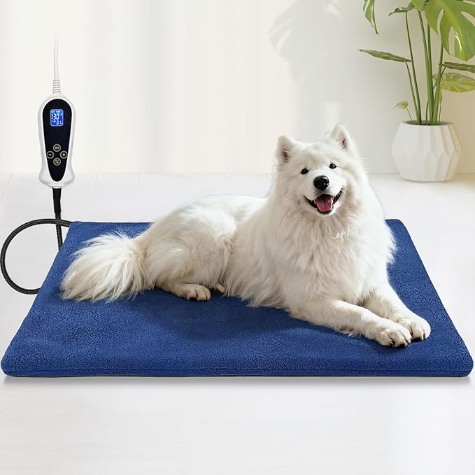 Bestio Large Dog Heating Pad,34x21 in Heated Dog Bed with Constant Heat & Auto Modes，MET&UL Certified Pet Heating Pad,Chew-Resistant Cord,Waterproof Washable Cover - Blue