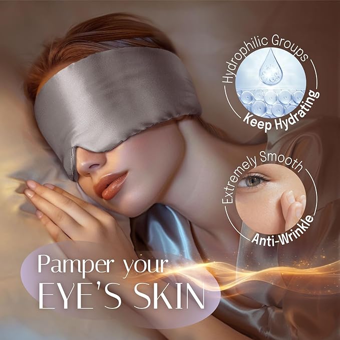 Silk Sleep Mask Soft Pressureless: 100% Mulberry Silk for Eye Skin Anti Wrinkles, Large Size for Total Blackout, Adjustable Wide Velcro Ear Cover