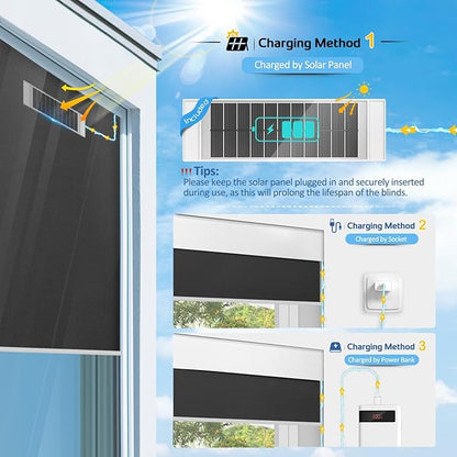 Motorized Blinds with Remote, Smart Blinds with Solar Panel, Thermal Blackout Electric Blinds, Automatic Blinds for Windows Compatible with Alexa, Black-46 x72