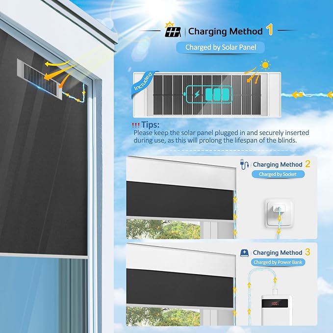 Motorized Blinds with Remote, Smart Blinds with Solar Panel, Thermal Blackout Electric Blinds, Automatic Blinds for Windows Compatible with Alexa, Black-23 x72